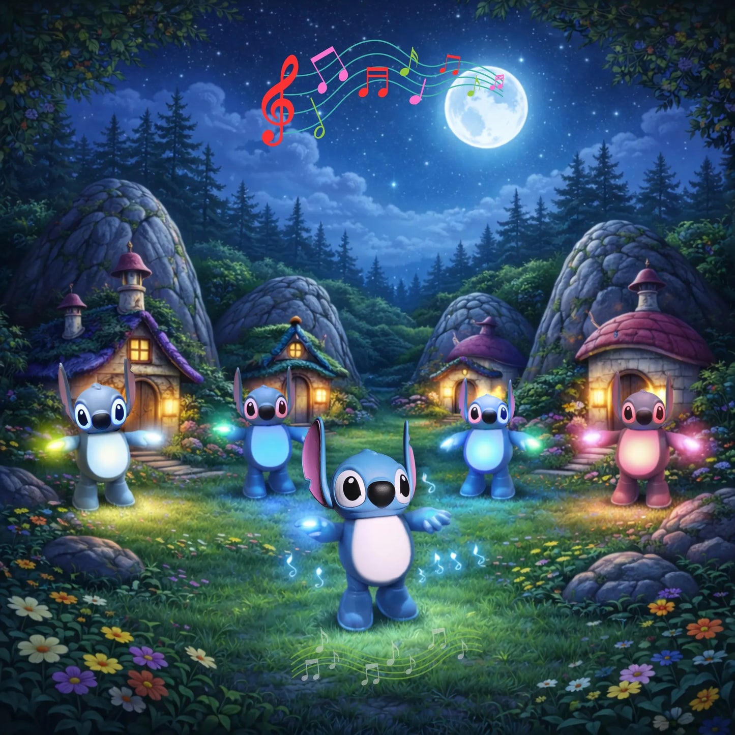 Igračka za decu Stitch u raznim bojama svetli u šumi.
