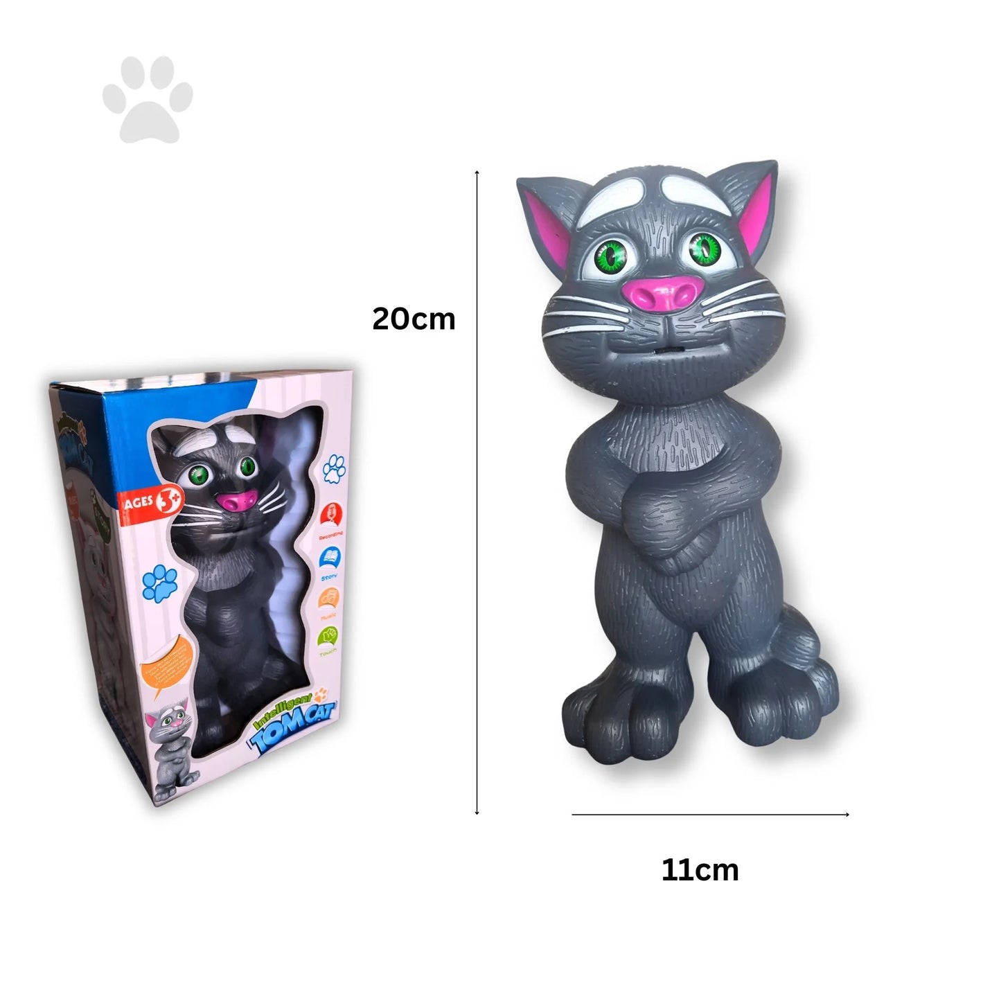 Dimenzije igračke Pričljivi Mačak Tom visine 20 cm uz prikaz pakovanja i proizvoda.