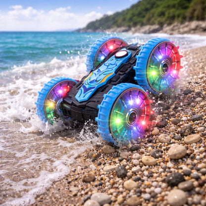Amfibijski auto na daljinski sa LED točkovima vozi kroz vodu i po šljunku na plaži