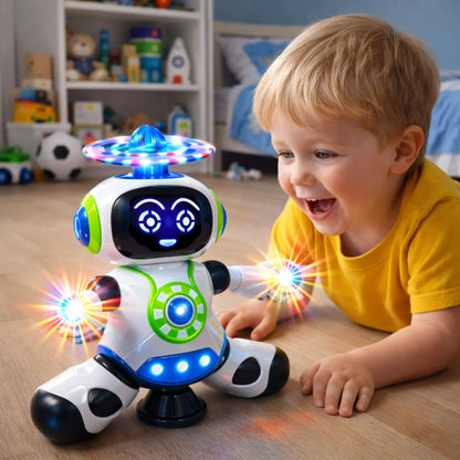 Oduševljen dečak uzrasta 3+ igra se sa svetlećim interaktivnim robotom u dečijoj sobi.