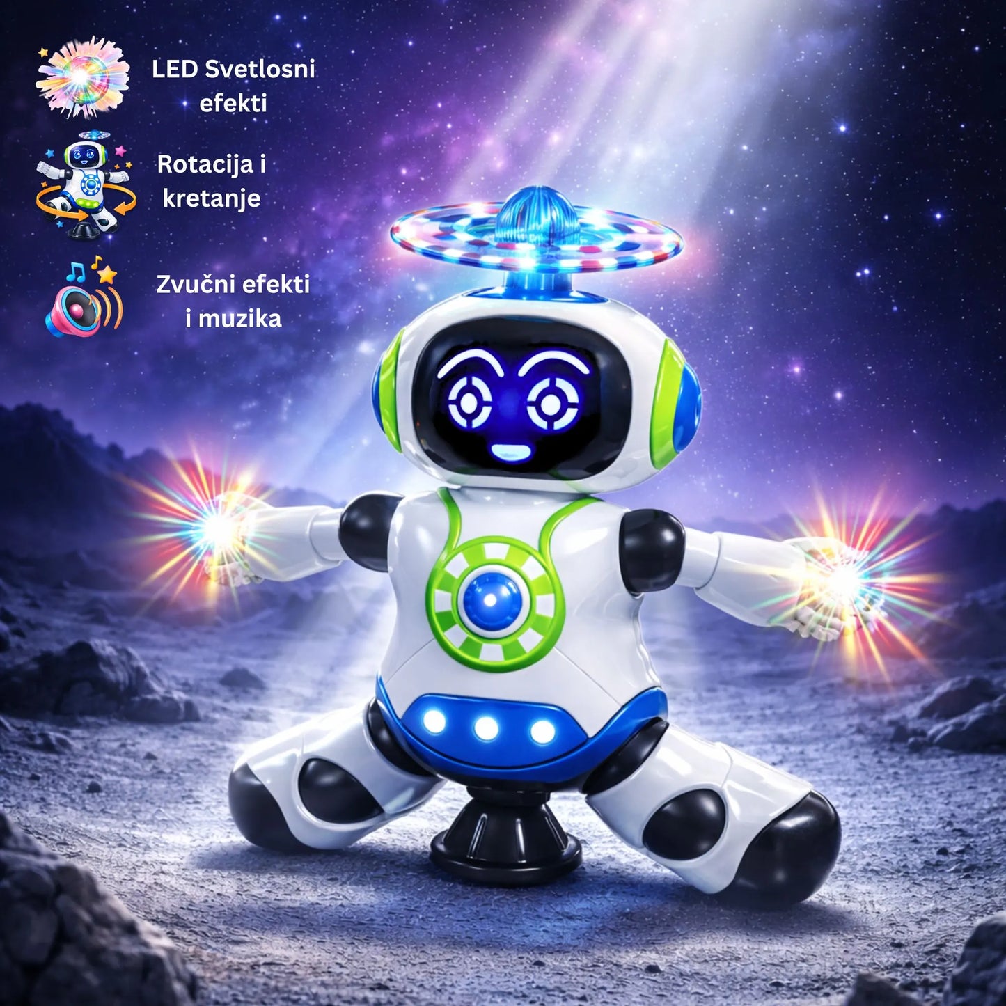 Dečiji Robot 3+ sa svetlosnim efektima pleše u svemiru.