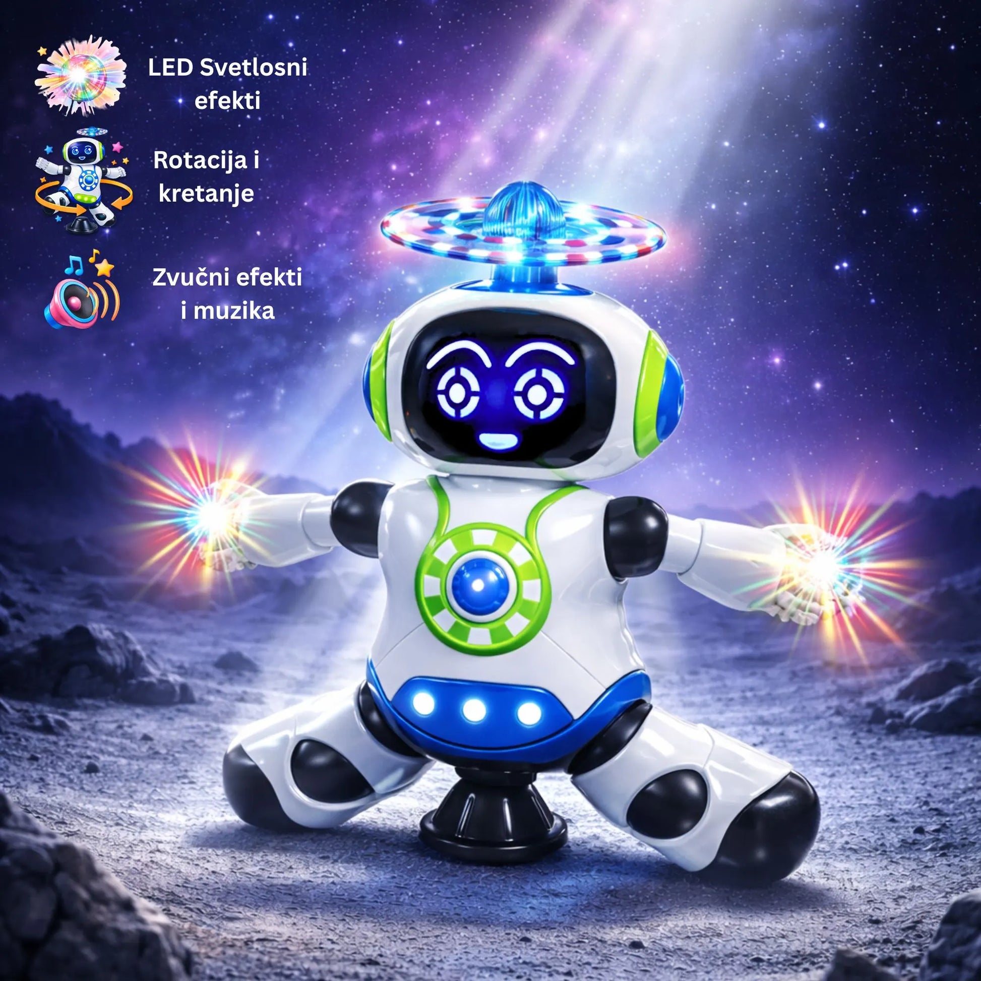 Dečiji Robot 3+ sa svetlosnim efektima pleše u svemiru.