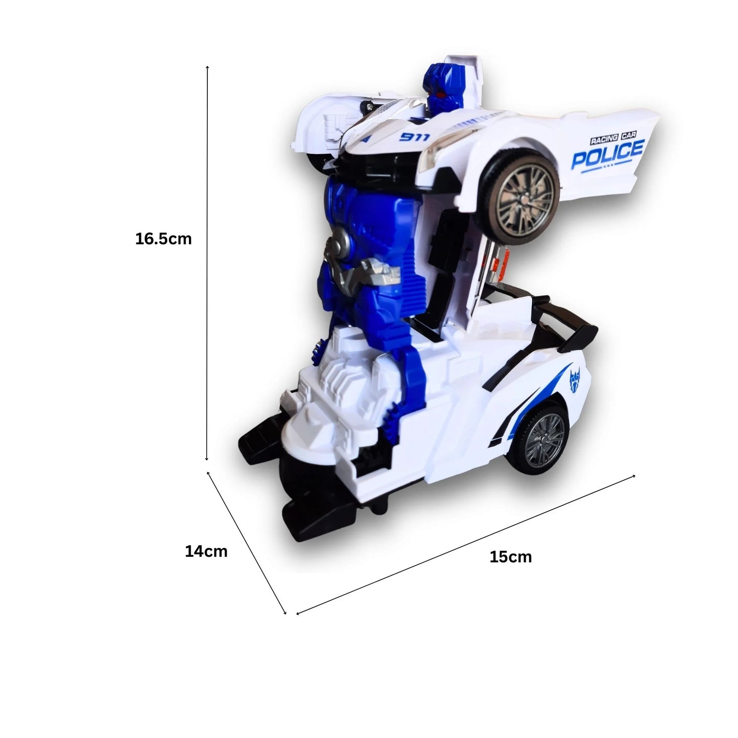 Dimenzije robot auta za decu policijski transformer 16.5 cm visina 15 cm dužina