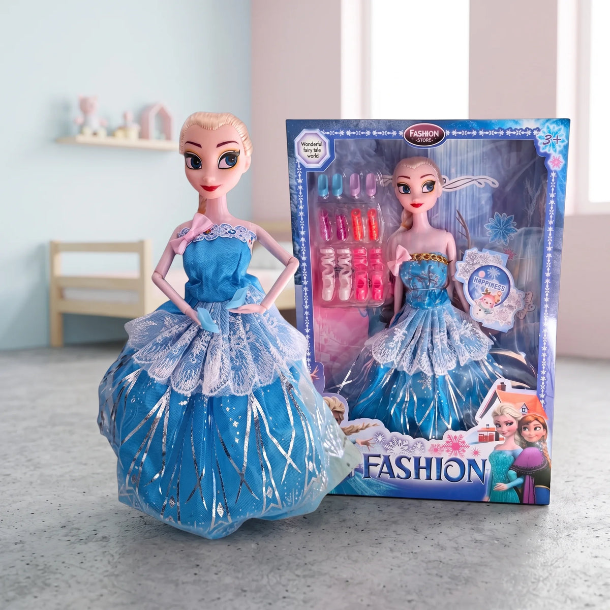 Elsa iz Frozen lutka za devojčice u plavoj svetlucavoj haljini sa kutijom.