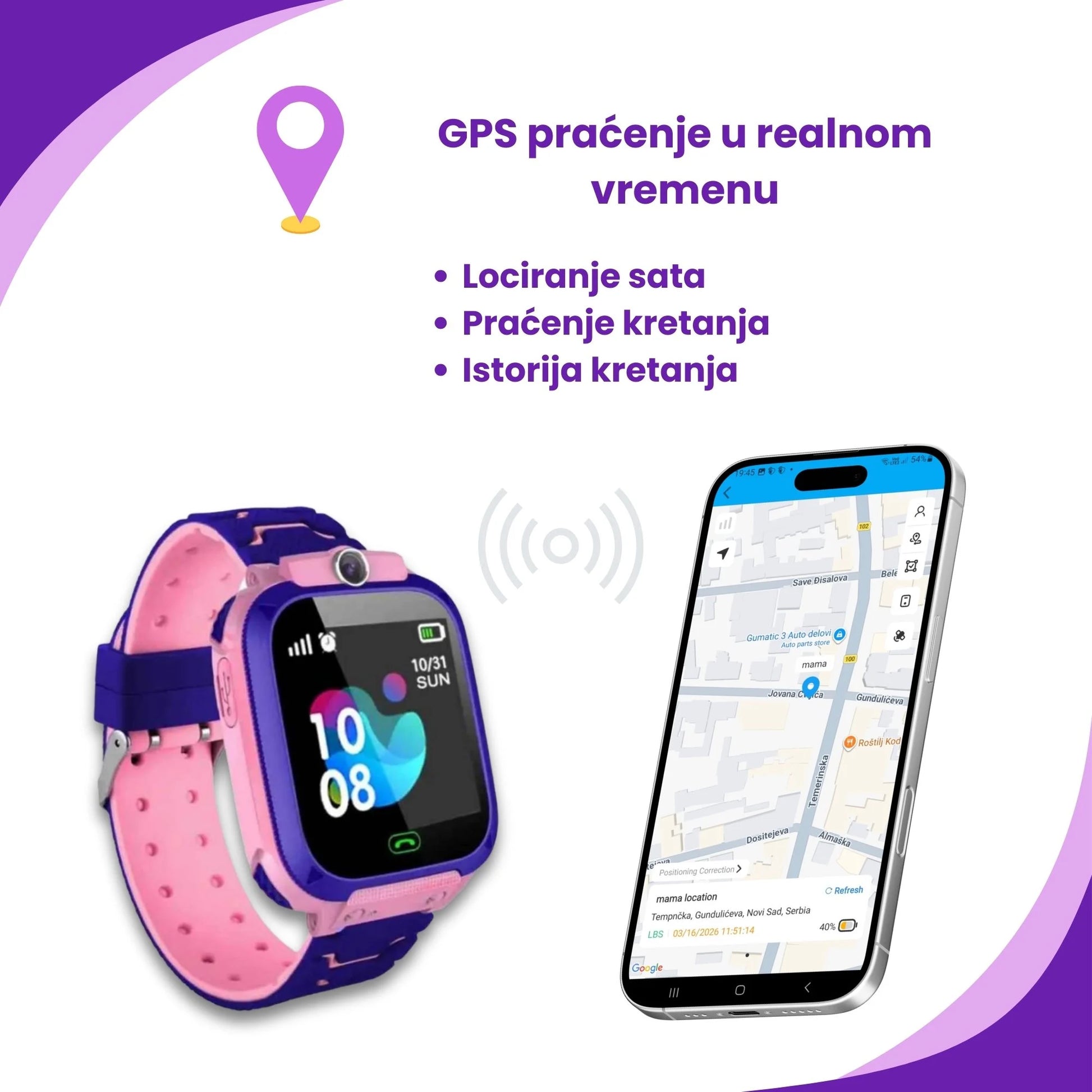 GPS lokacija deteta prikazana na telefonu putem pametnog sata za decu.