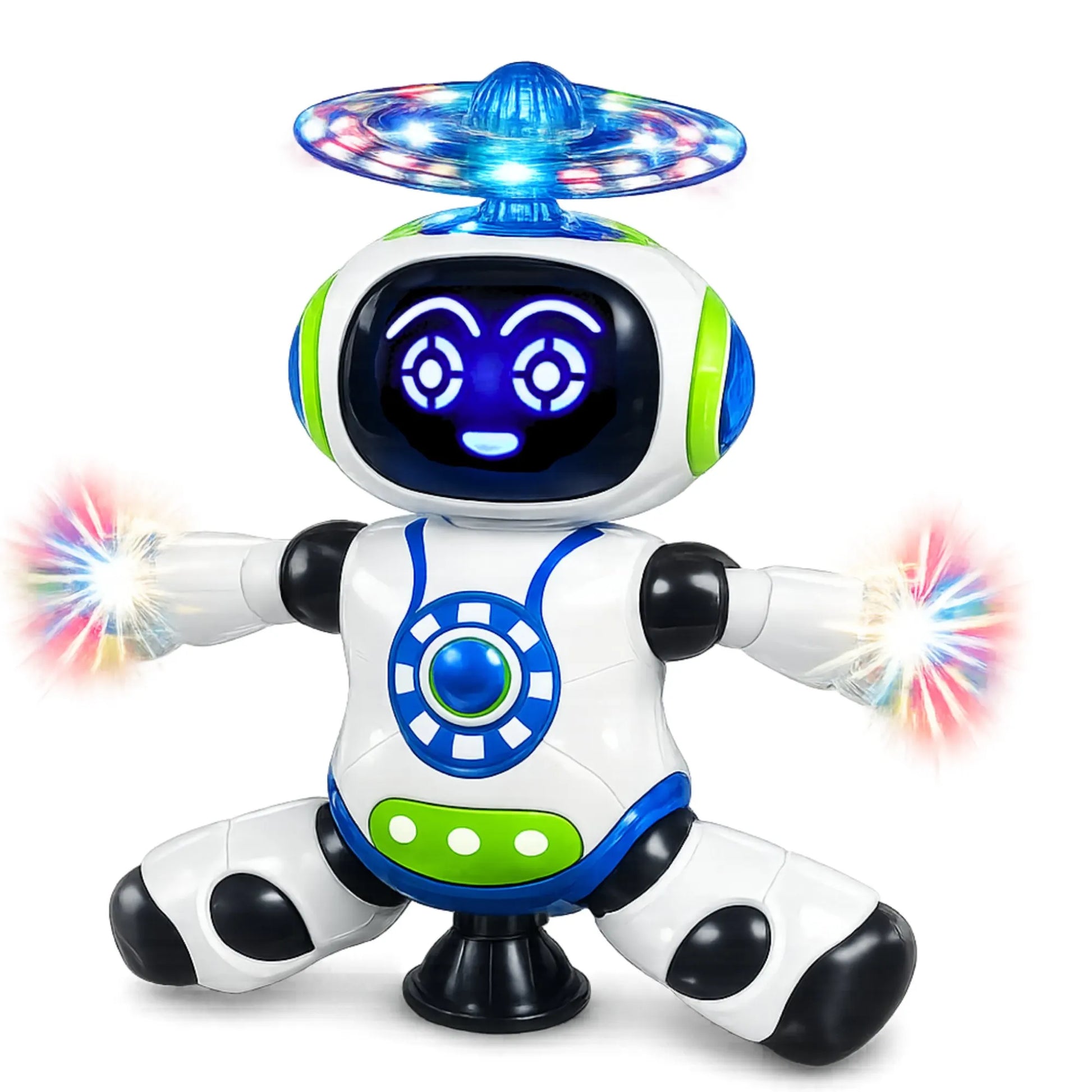 Interaktivni robot sa 3D LED svetlima i svetlećim diskom na galvi na beloj podlozi.