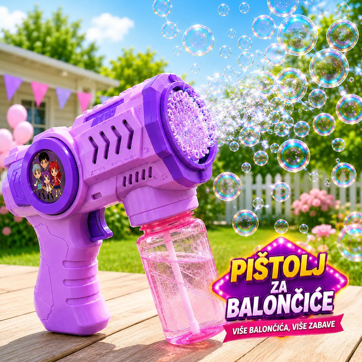 K Pop pištolj za stotine balončića. Letnja zabava na otvorenom.