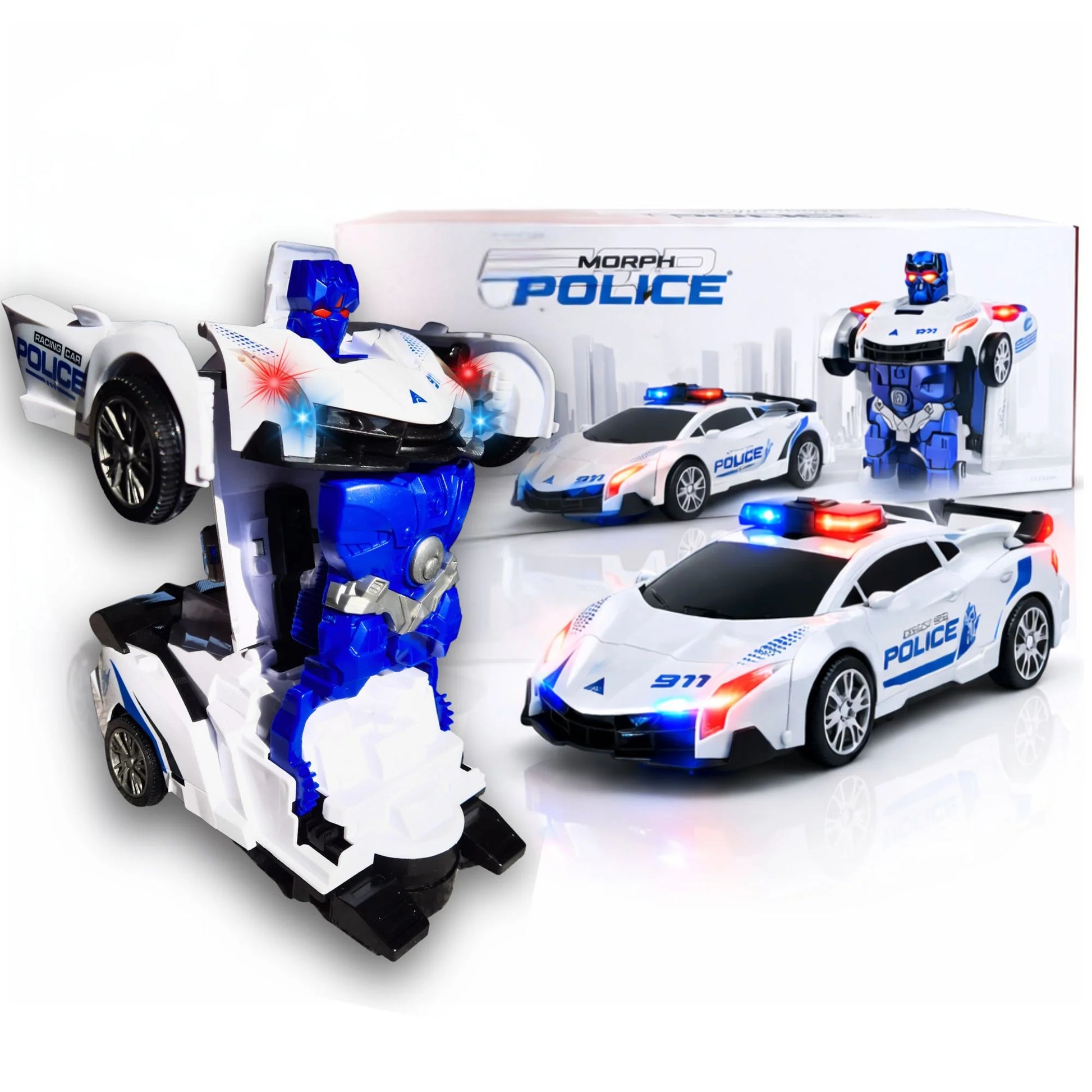 Dečija igračka robot auto policijski transformer sa svetlima i zvukom u originalnom pakovanju.