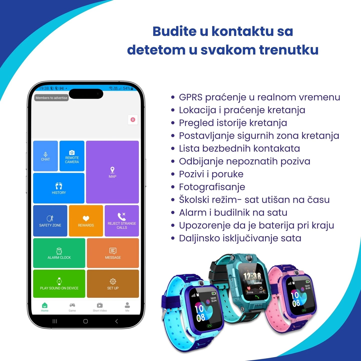 Mobilna aplikacija za praćenje lokacije deteta putem GPS pametnog sata za decu.