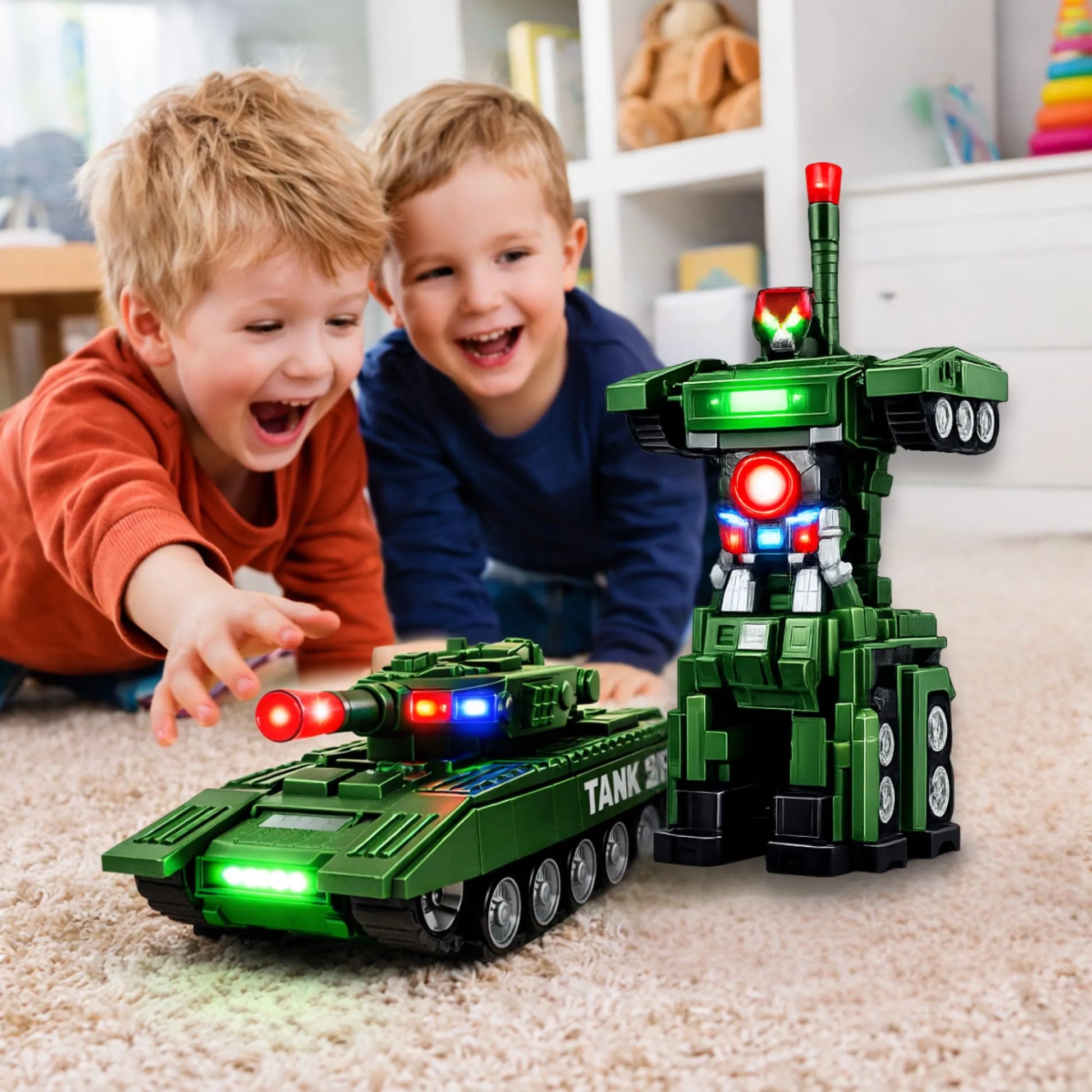 Deca se igraju transformers tenkom koji se pretvara u robota sa svetlima i muzikom.