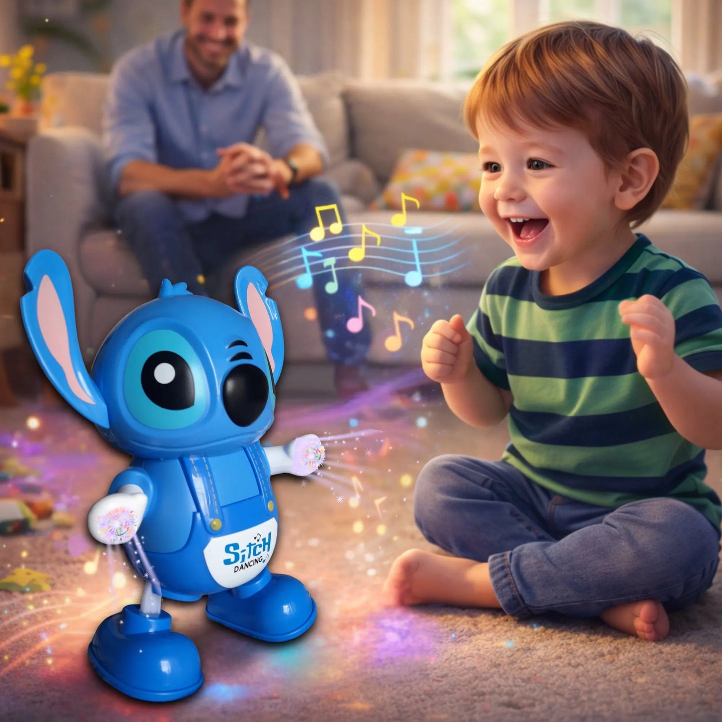 Dečak i interaktivni Stitch igraju uz muziku i led svetla u dečijoj sobi.