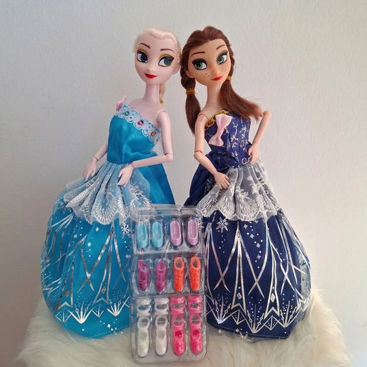 Elsa i Ana iz Frozen, lutke sa raznobojnim cipelama za menjanje izgleda i igru.