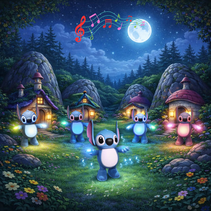 Igračka za decu Stitch u raznim bojama svetli u šumi.