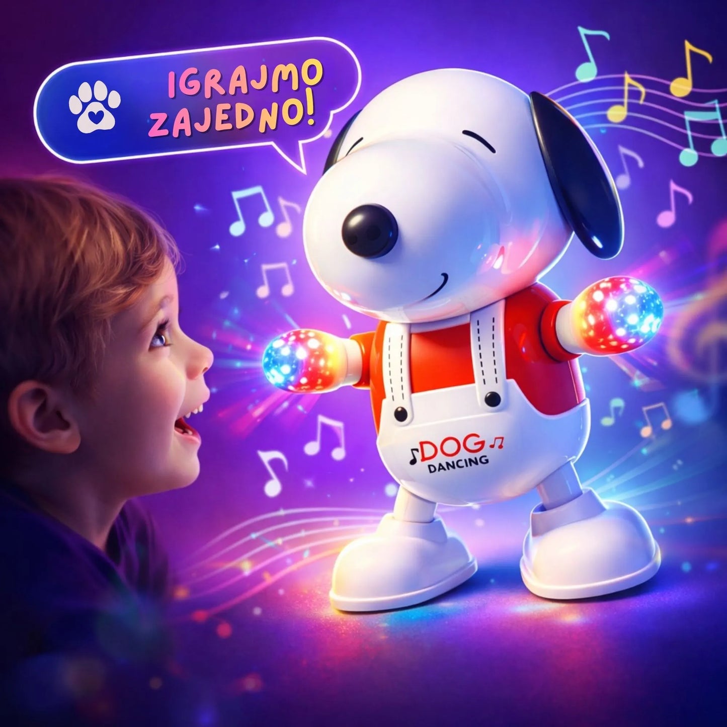 Interaktivnia dečija igračka. Kuca koji igra u ritmu muzike i svetli.