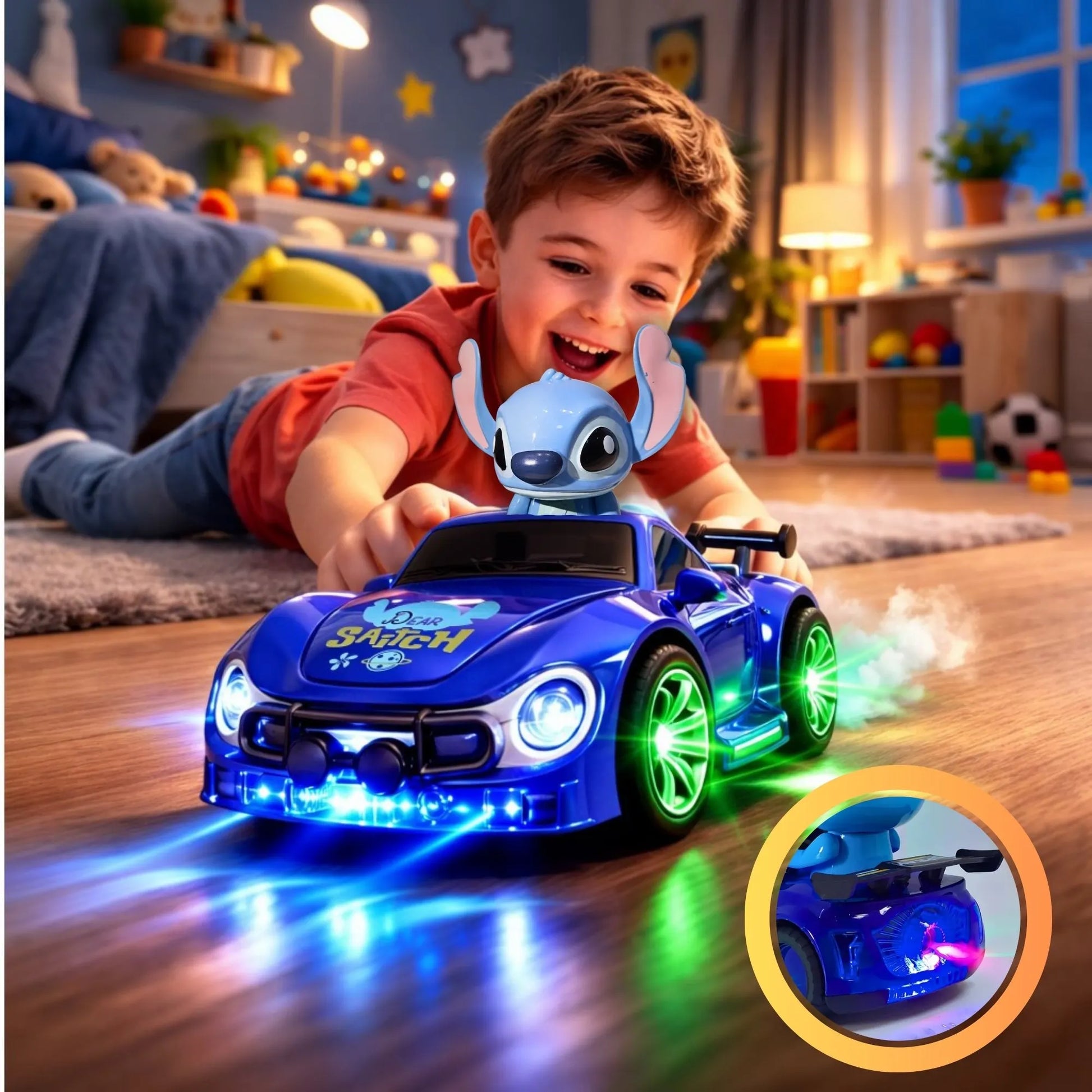 Interaktivni Stič-dečiji LED auto koji svetli plavim i zelenim svetlima, svira i ispušta dim dok se dete igra u sobi.