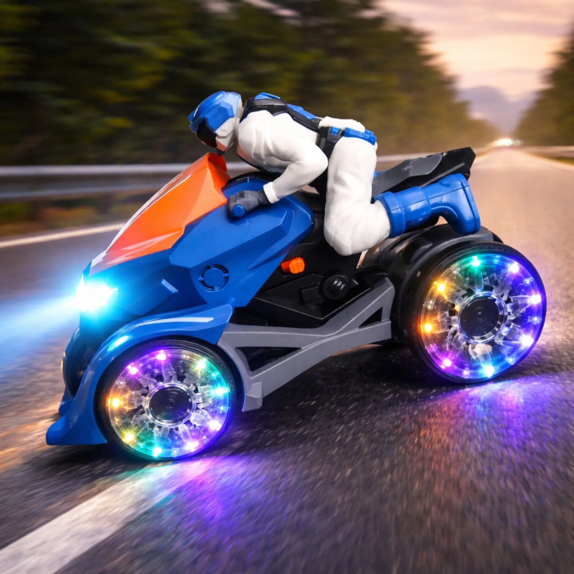 Interaktivni motor za decu sa LED svetlima tokom vožnje po putu.