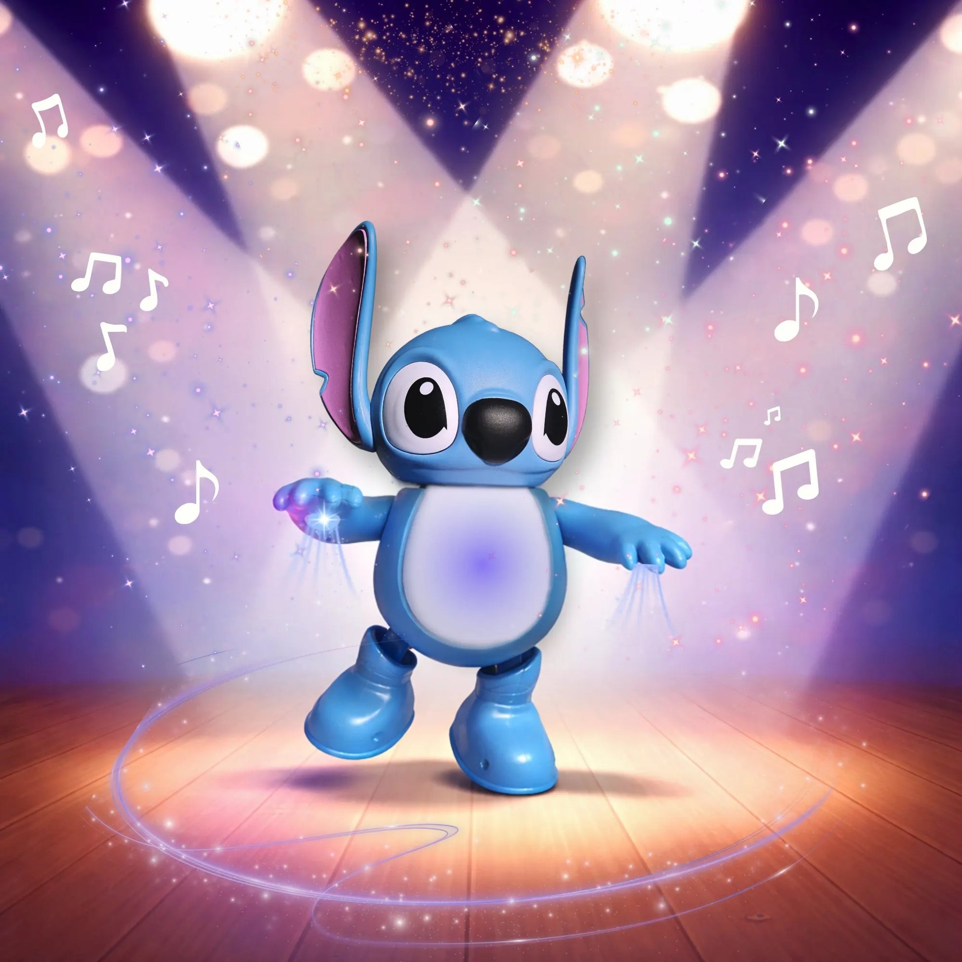 Igračka za decu Stitch pleše na podijumu sa šarenim svetlima.