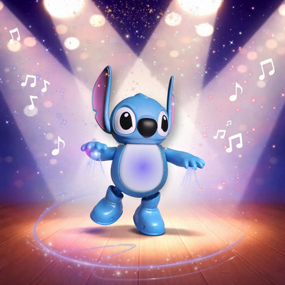 Igračka za decu Stitch pleše na podijumu sa šarenim svetlima.