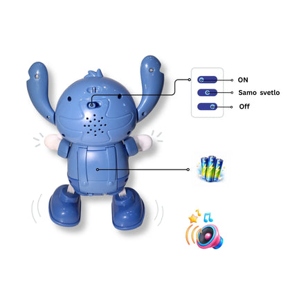 Zadnja strana dečije igračke Stitch sa opisom prekidača i mesta za baterije.