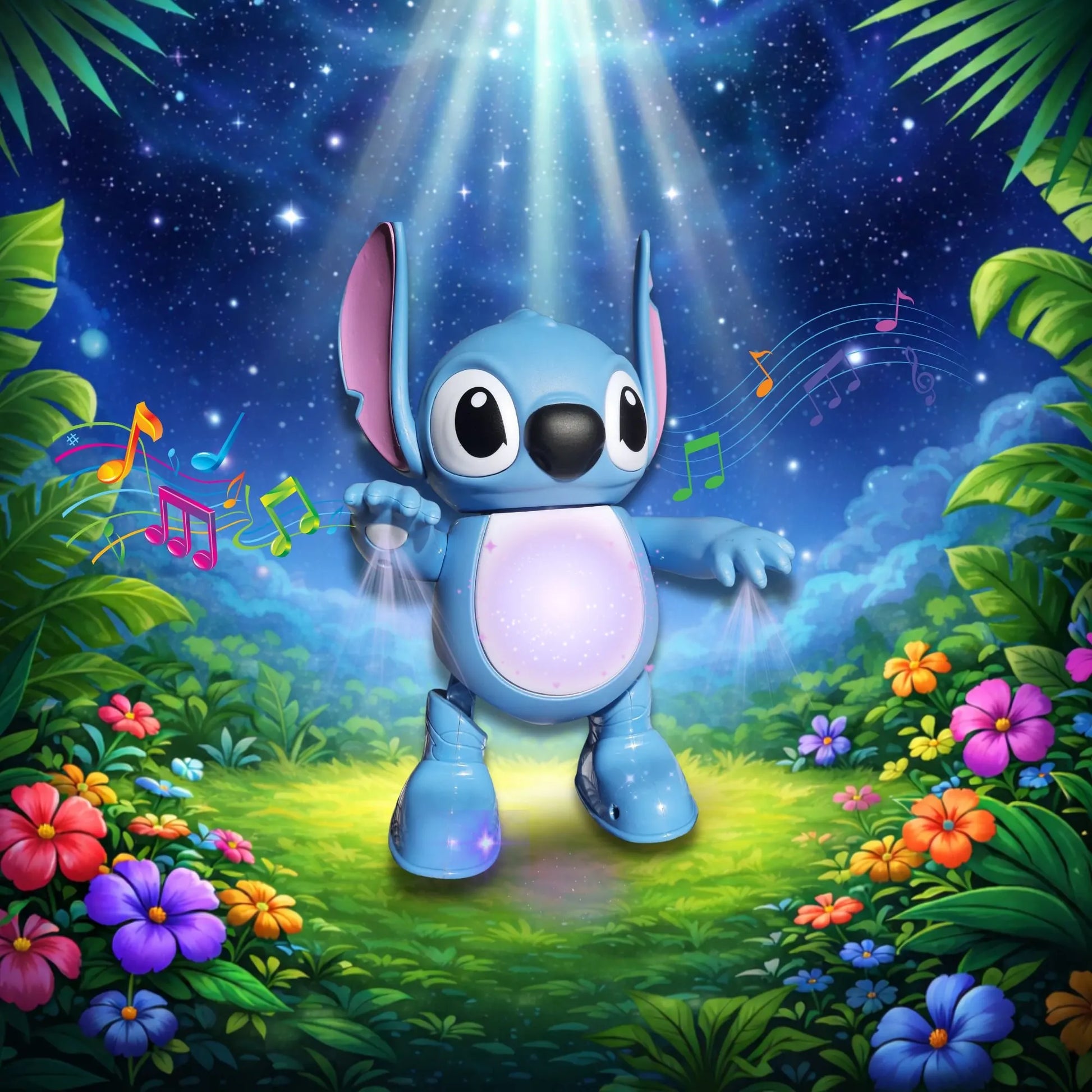 Interaktivni Robot Stitch svetli u šumi okružen cvećem.