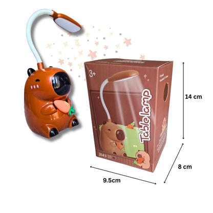 Kapibara lampa za decu uzrast 3+ sa prikazanim dimenzijama kutije i USB LED svetlom.