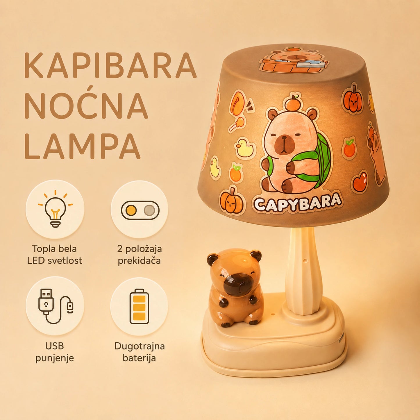 Kapibara noćna lampa sa toplom LED svetlošću, USB punjenjem i dugotrajnom baterijom