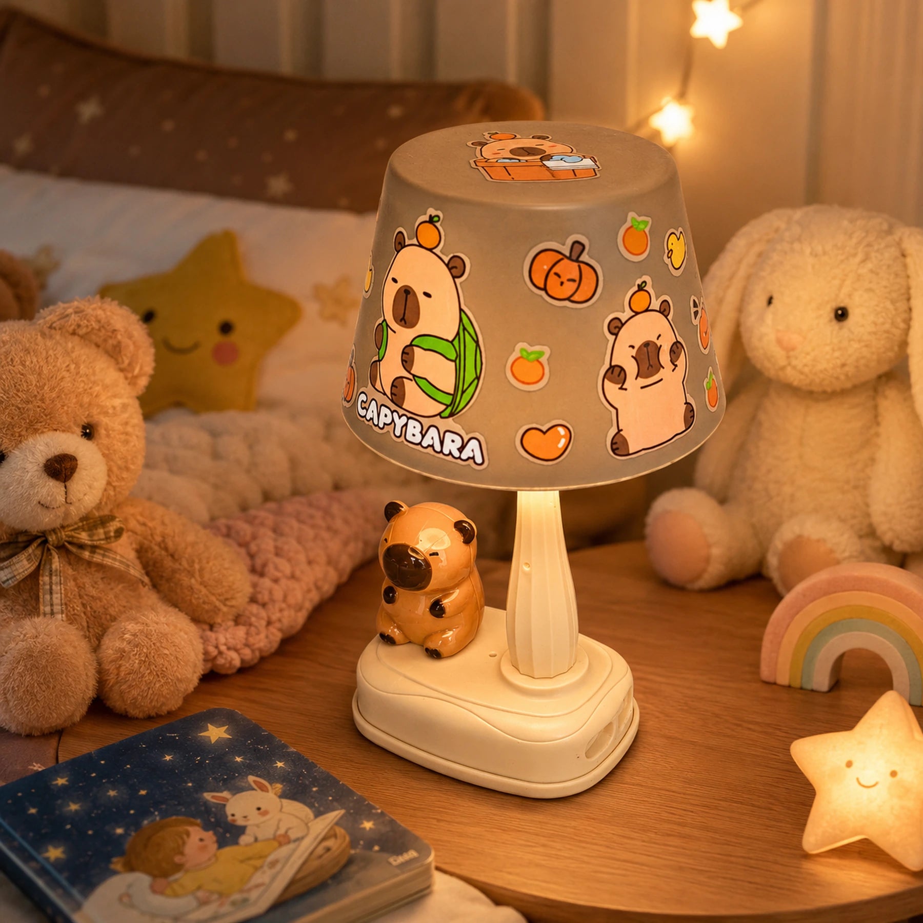 Kapibara noćna lampa pored plišanih igračaka u dečijoj sobi