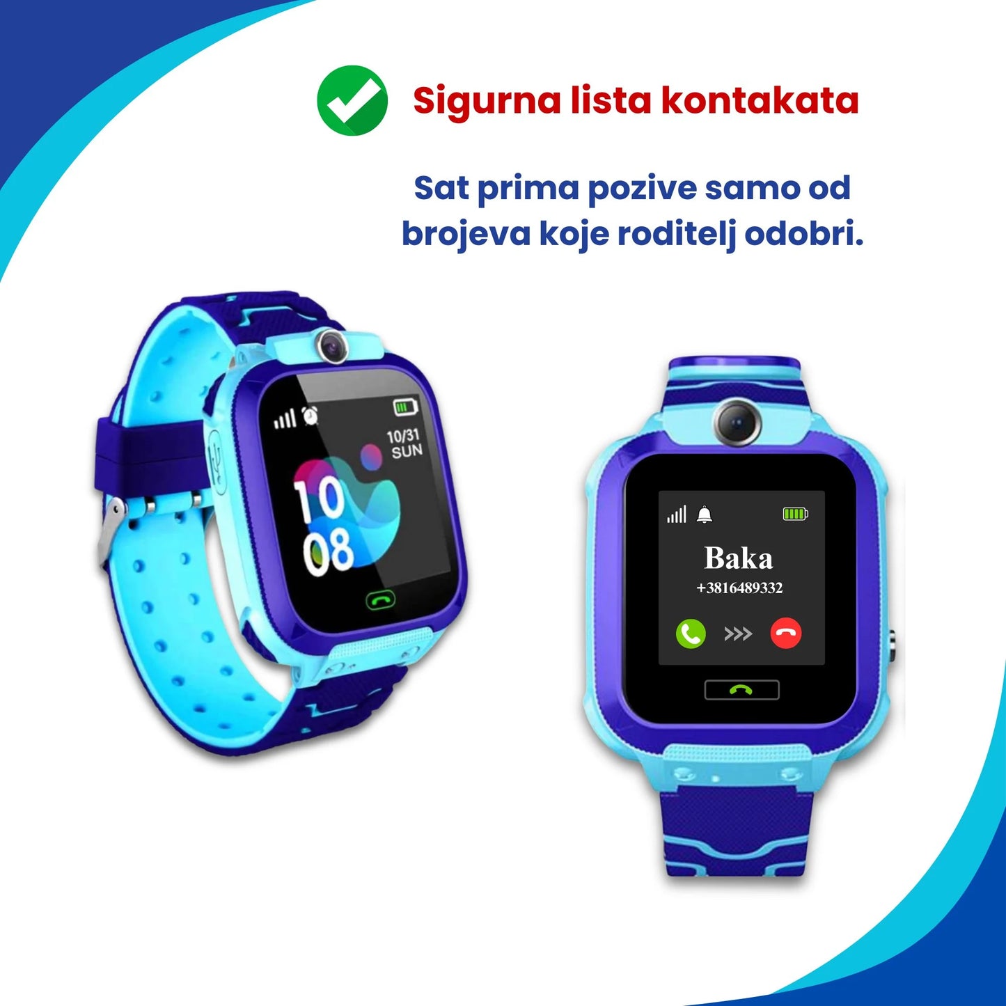 Plavi dečiji pametni sat sa ekranom, kamerom i GPS funkcijom.