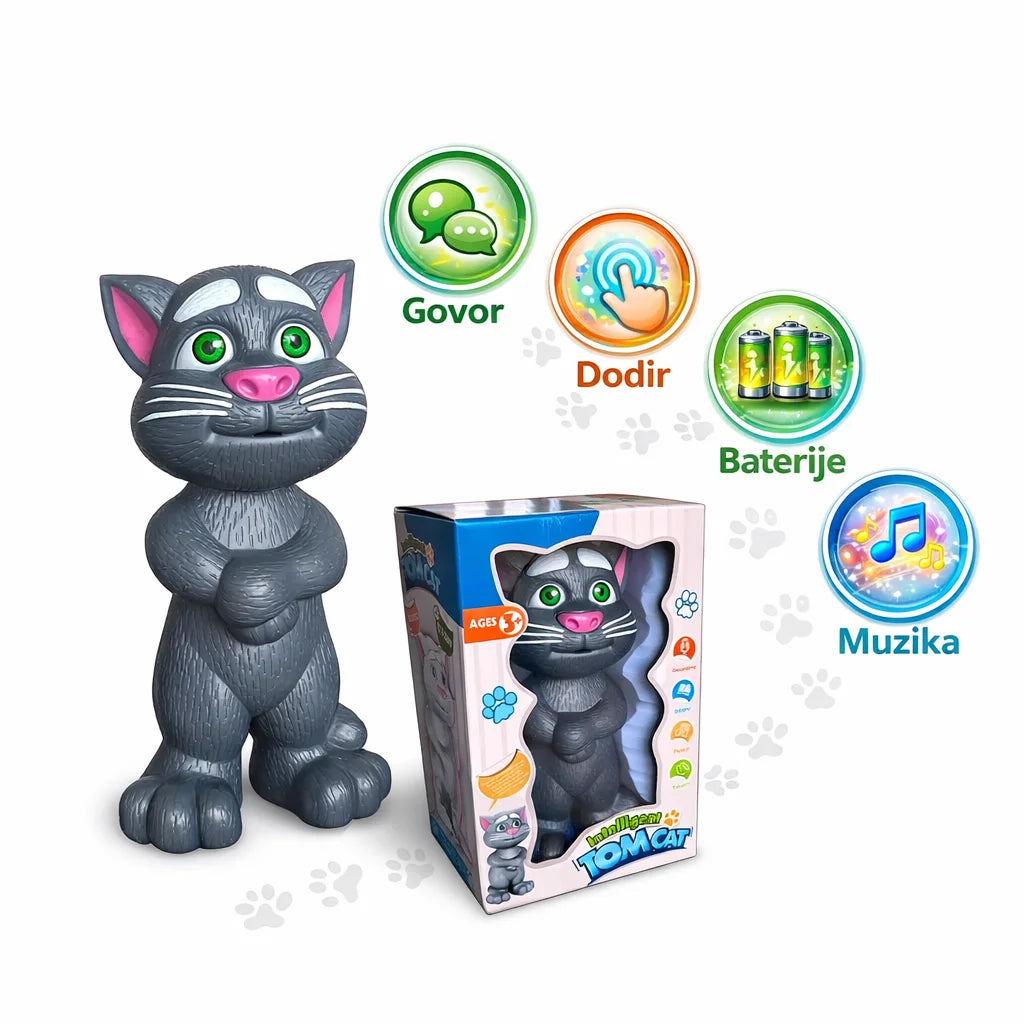 Pričljivi Mačak Tom interaktivna igračka sa označenim delovima tela koji reaguju na dodir.