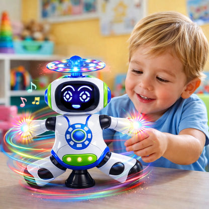 Dečak se igra sa interaktivnim robotom u dečijoj sobi.