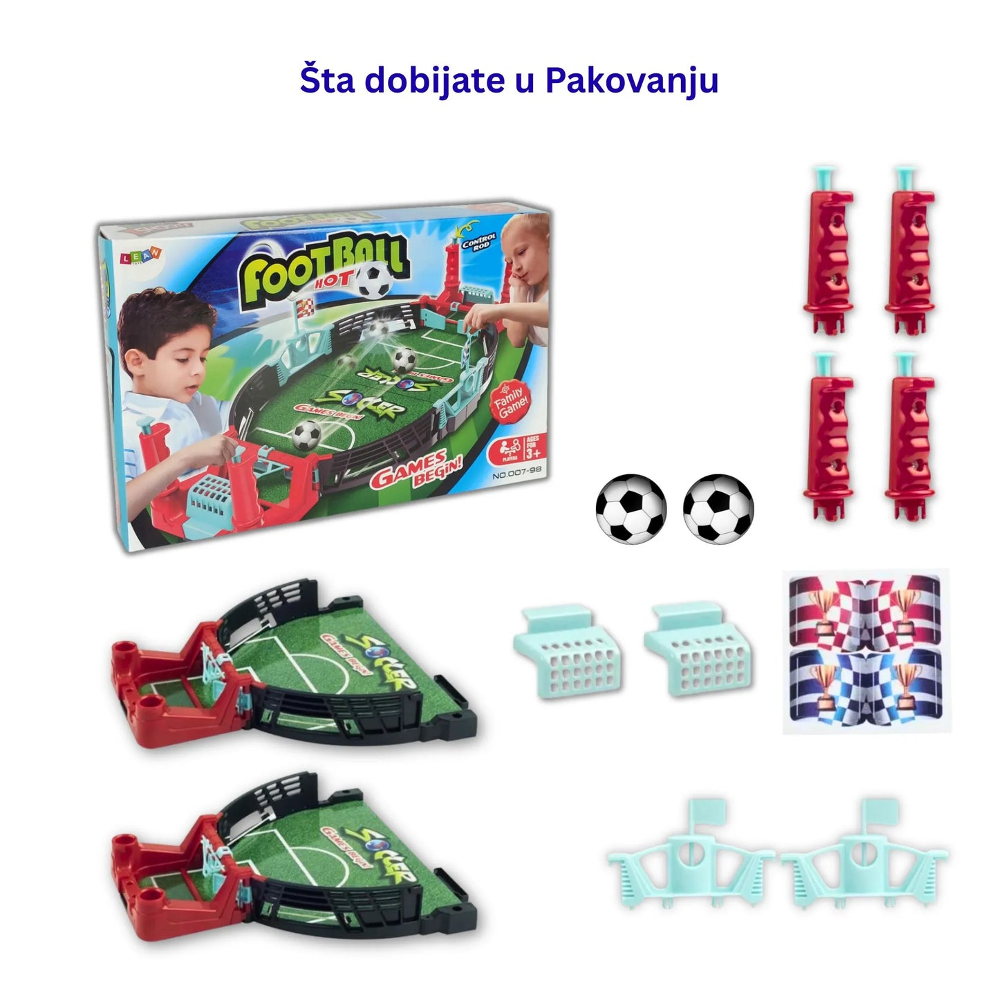 Društvena igra mini stoni fudbala za decu 5+ sa prikazom sadržaja pakovanja.