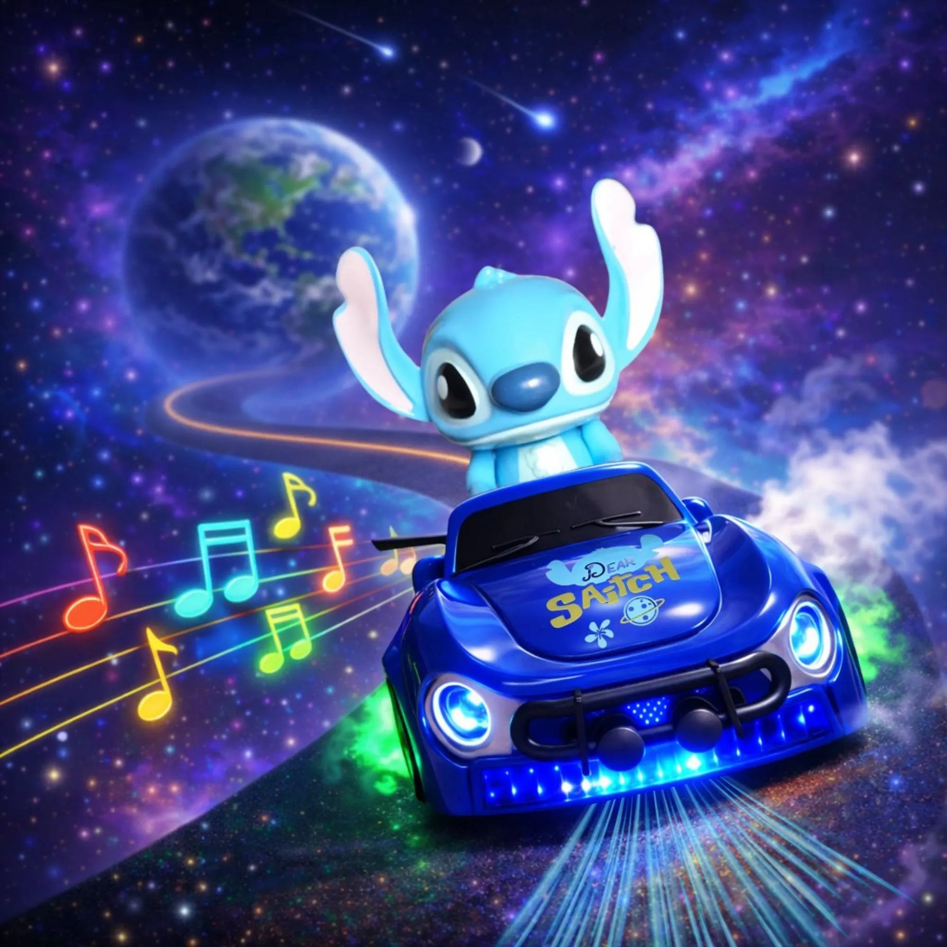 Plavi  Stitch LED auto za decu sa muzikom i dimom dolazi iz svemira.