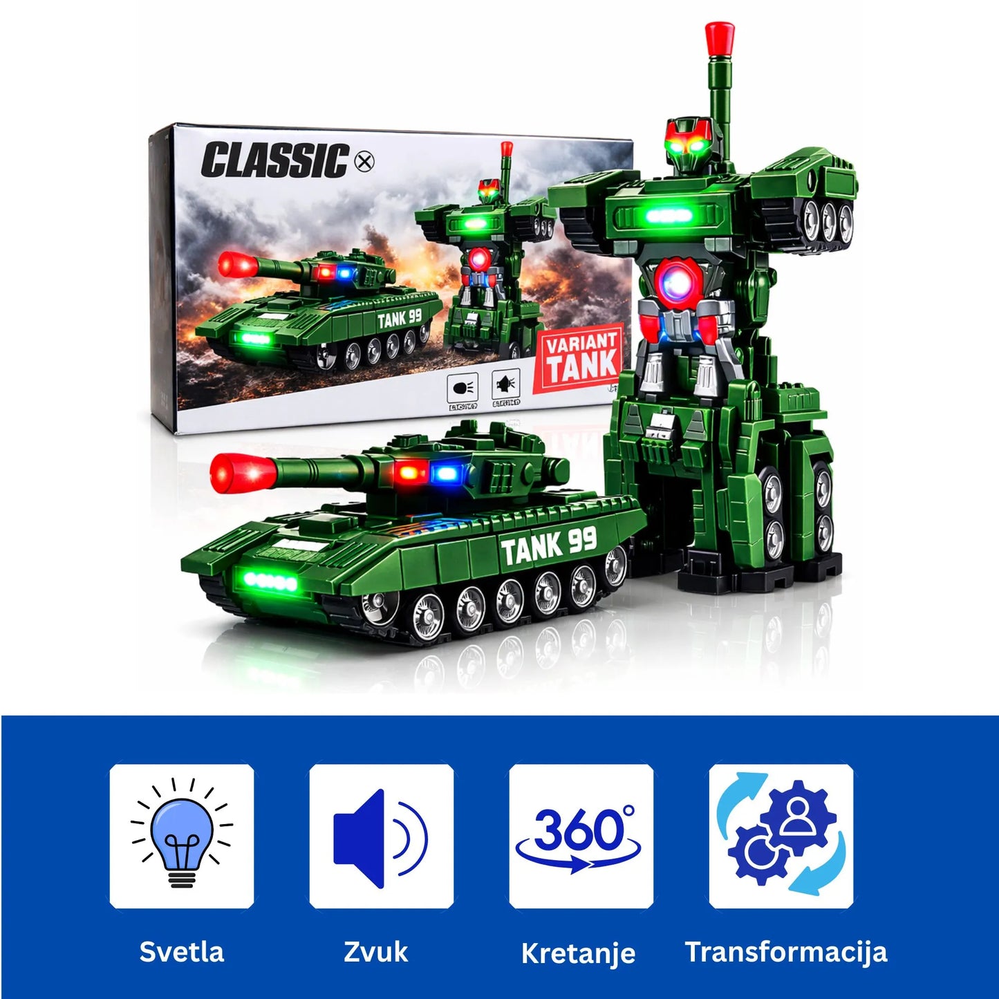 Transformers tenk igračka sa svetlima, zvukom, kretanjem i transformacijom.