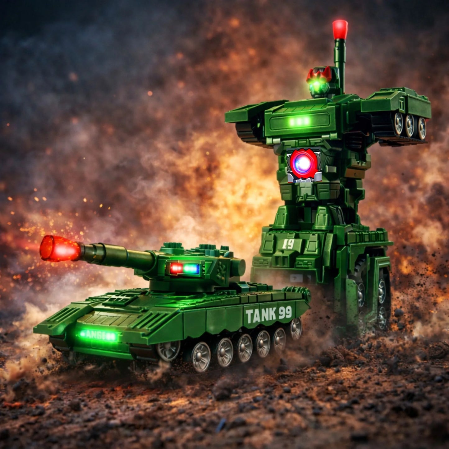 Transformers tenk za decu koji se pretvara u robota sa svetlosnim efektima.