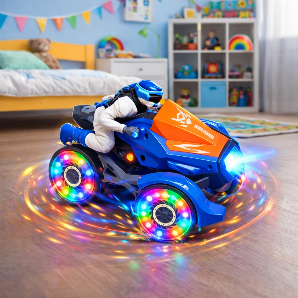 Interaktivni trkački motor za decu sa LED svetlećim točkovima tokom 360° rotacije u dečijoj sobi